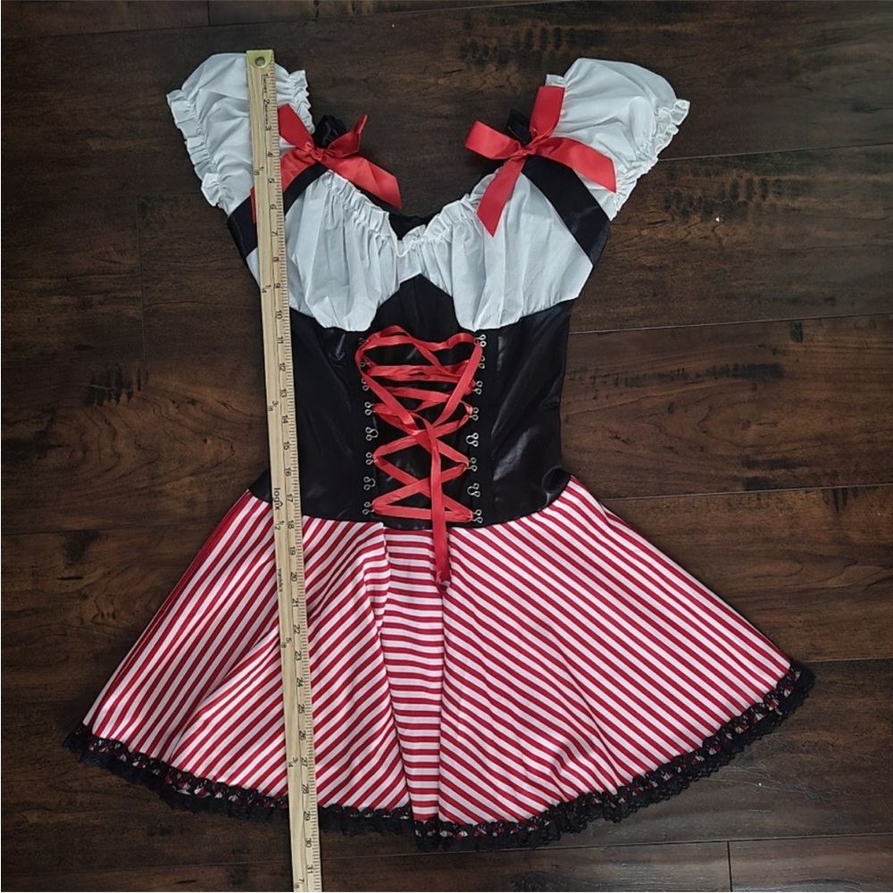 Striped Red & White Mini Dress with Black Bodice and Ribbon Detail